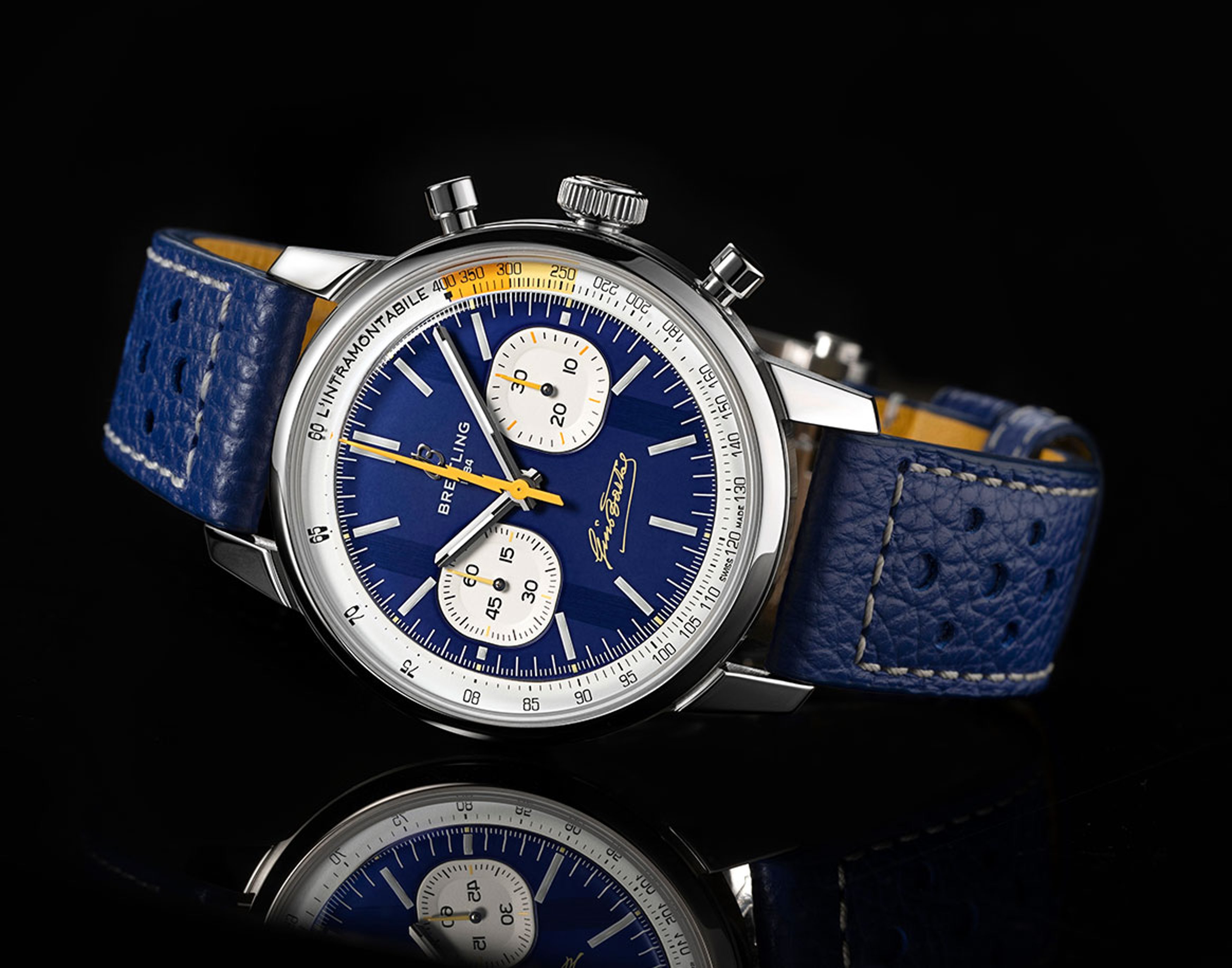 {generated} ブルーダイヤルとブルーの穴あきストラップを備えたBreitling Top Time Coppi & Bartaliを上質なクローズアップで紹介