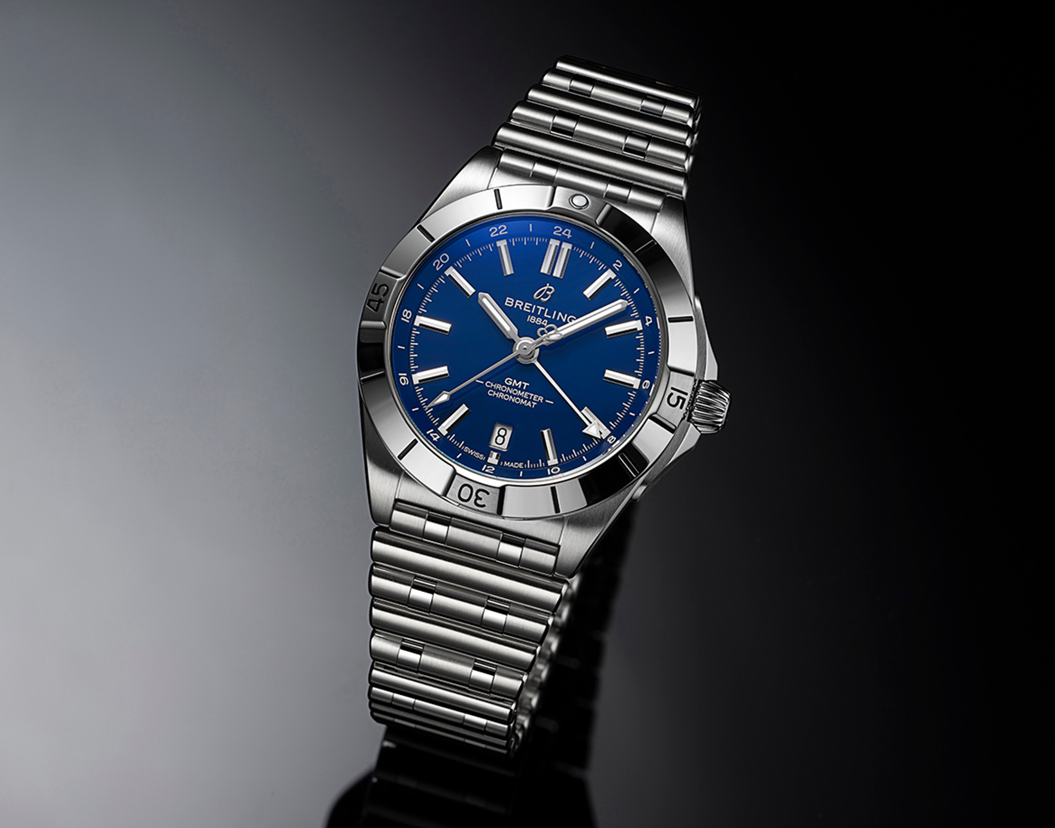 {generated} Breitling Chronomat GMT shown with a bold blue dial and steel bracelet, capturing a refined design aligned with Colts colors