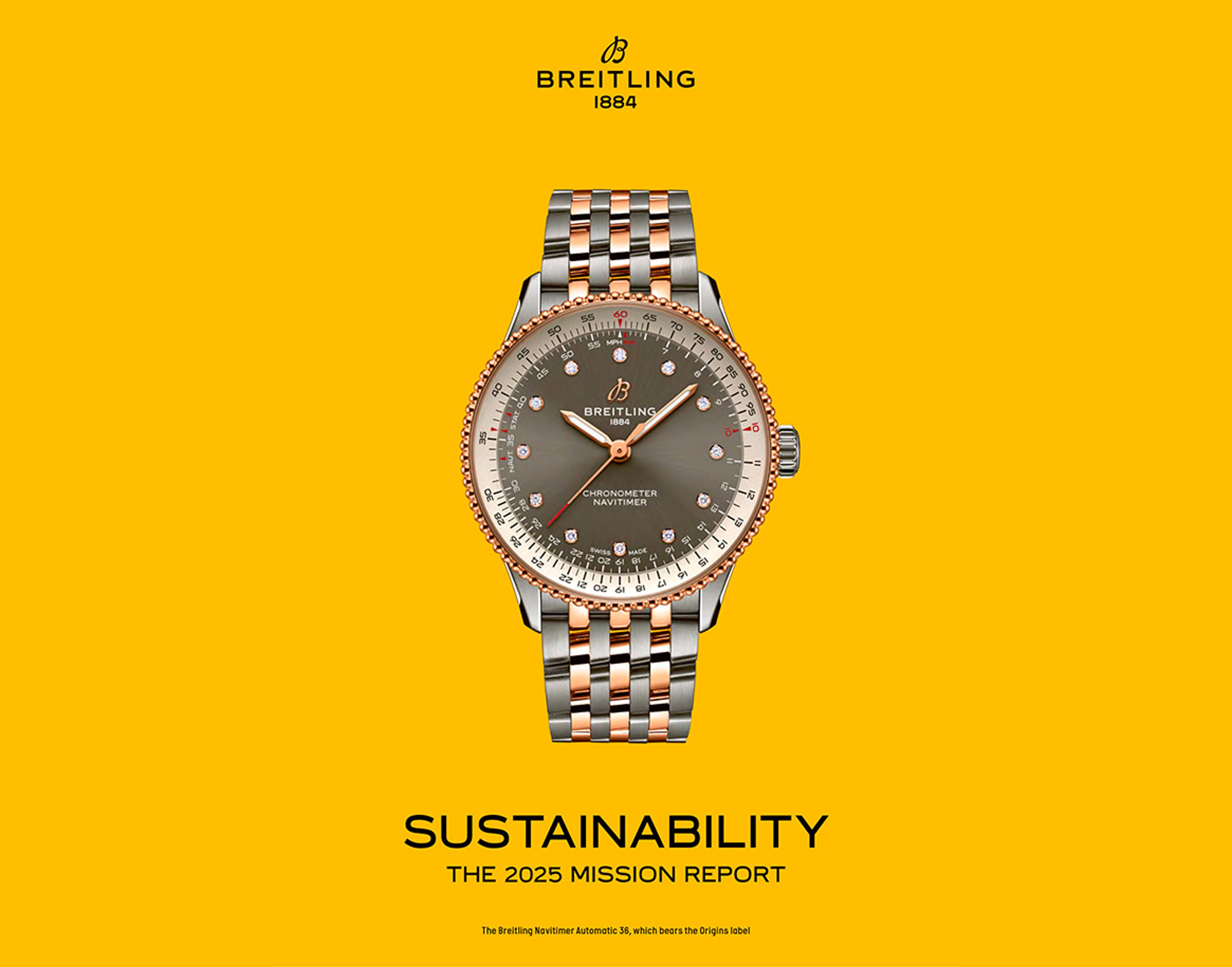 {generated} Breitling Navitimer watch centred on yellow background, highlighting sustainability message with refined two-tone design