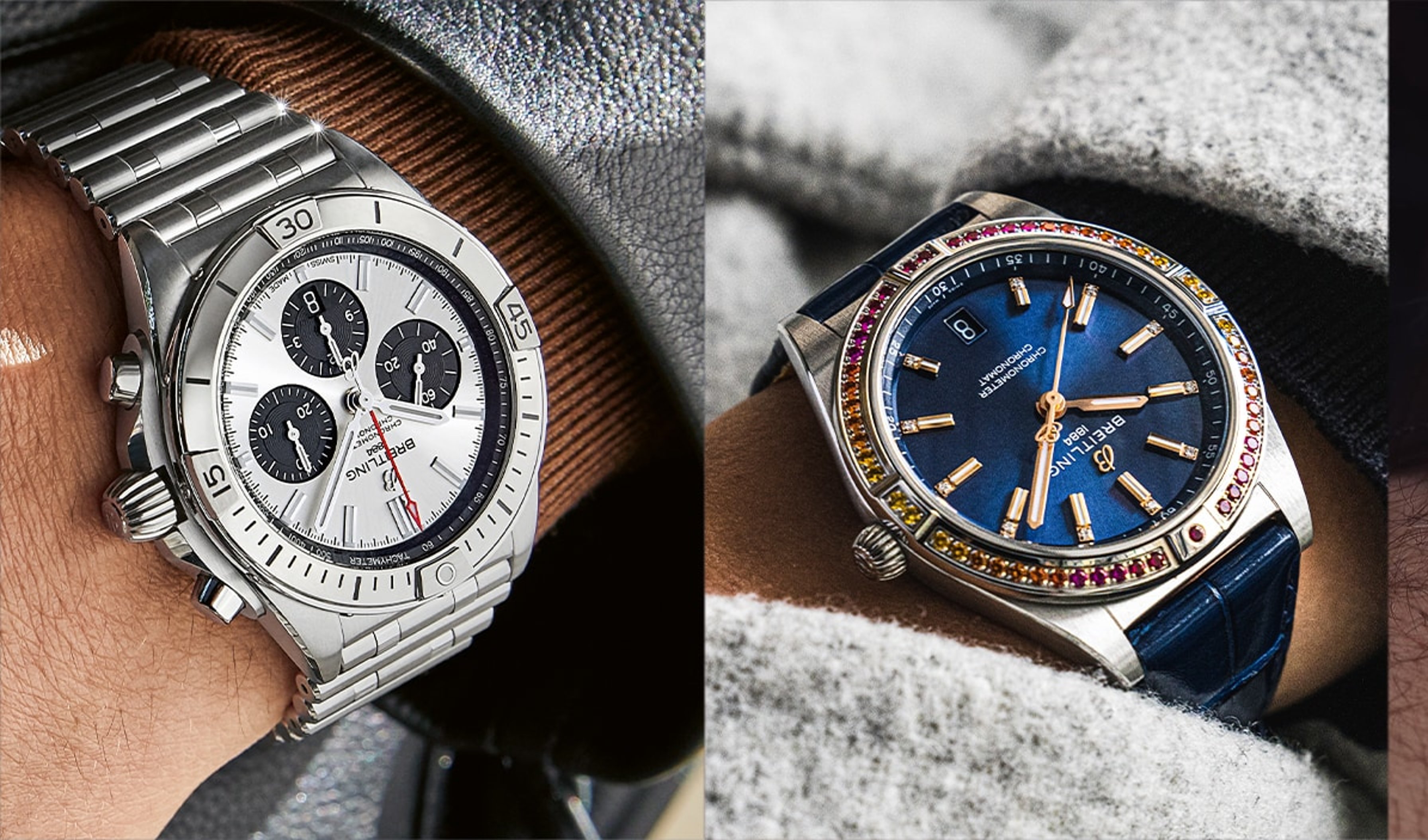 {generated} A series of wrists displaying diverse Breitling watches that emphasise bold dials, fine materials, and personal style.