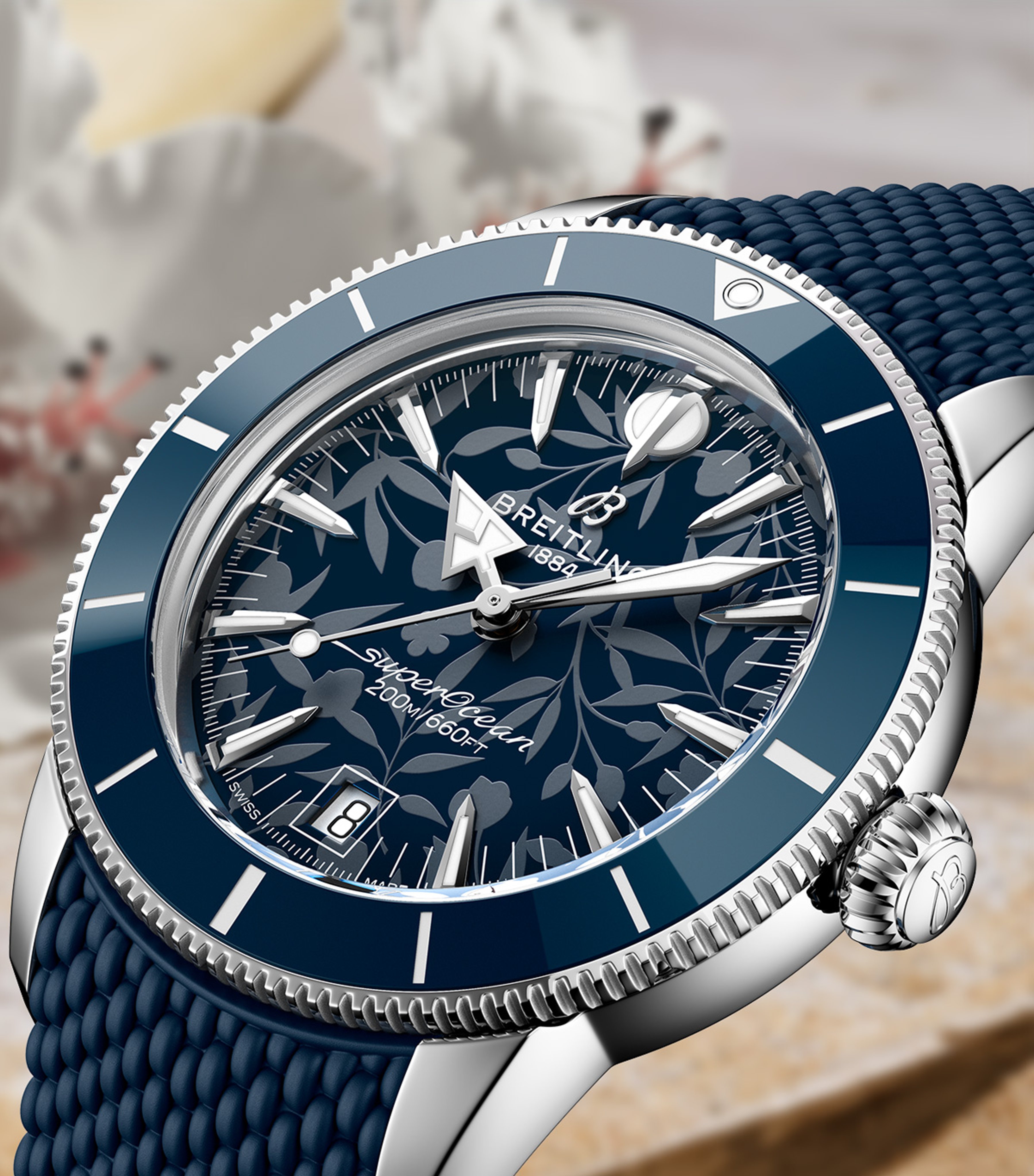 {generated} Breitling Superocean Heritage with blue floral dial and textured strap shown in a close-up with Kelly Slater