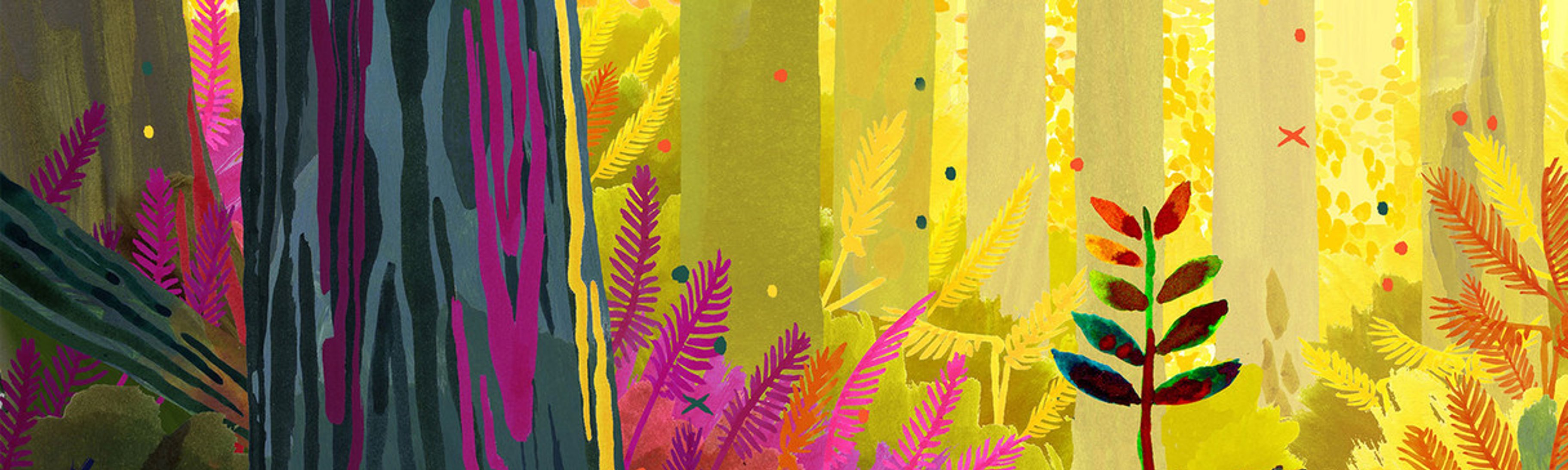 {generated} 色彩繽紛的森林中，一株幼苗立於樹樁上，展現Breitling與Sugi在生態復興上的協作。