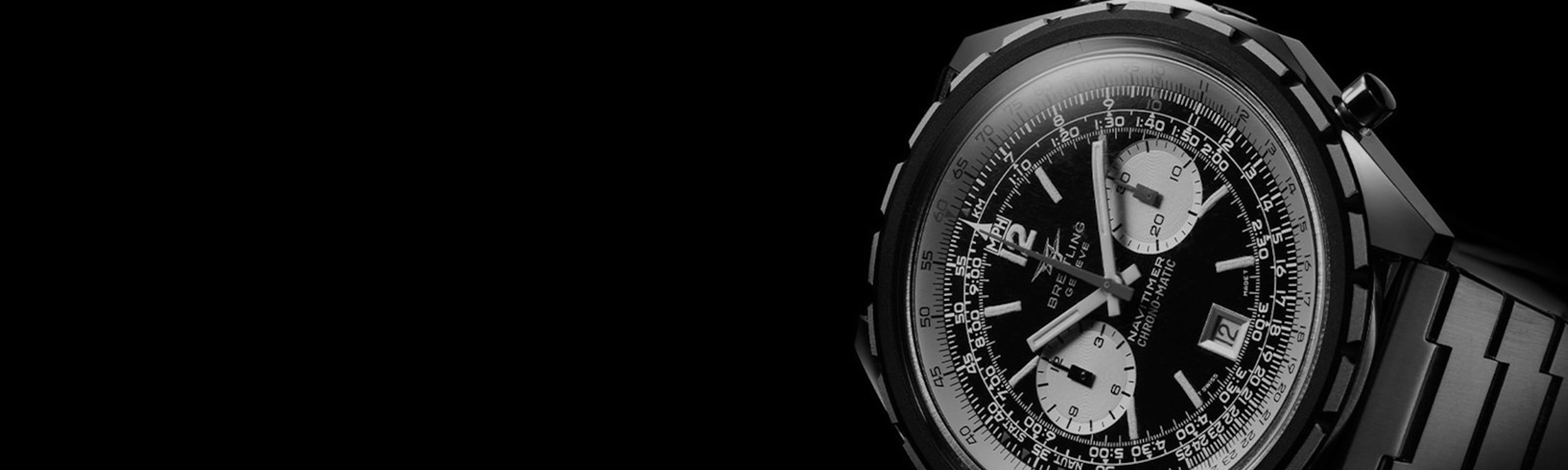 {generated} 1970年代Breitling航天計時Chrono-Matic特寫，展現黑色錶盤、鋼製錶殼與精細計算尺刻度
