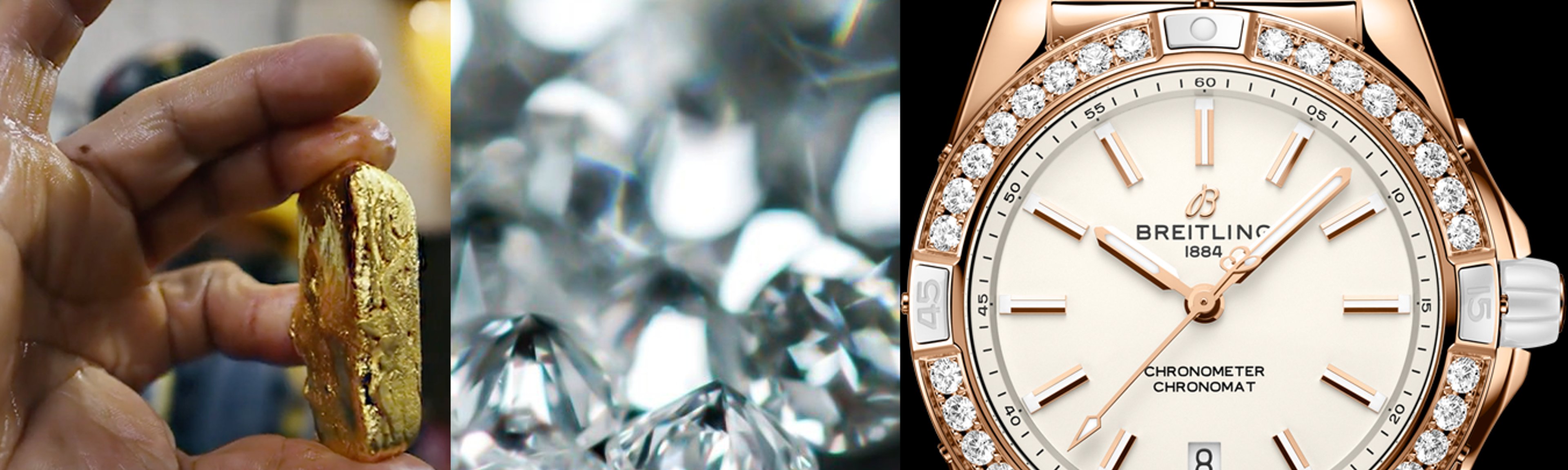 {generated} Ethically sourced gold and diamonds shown beside a Breitling Chronomat watch, highlighting the Origins Label story