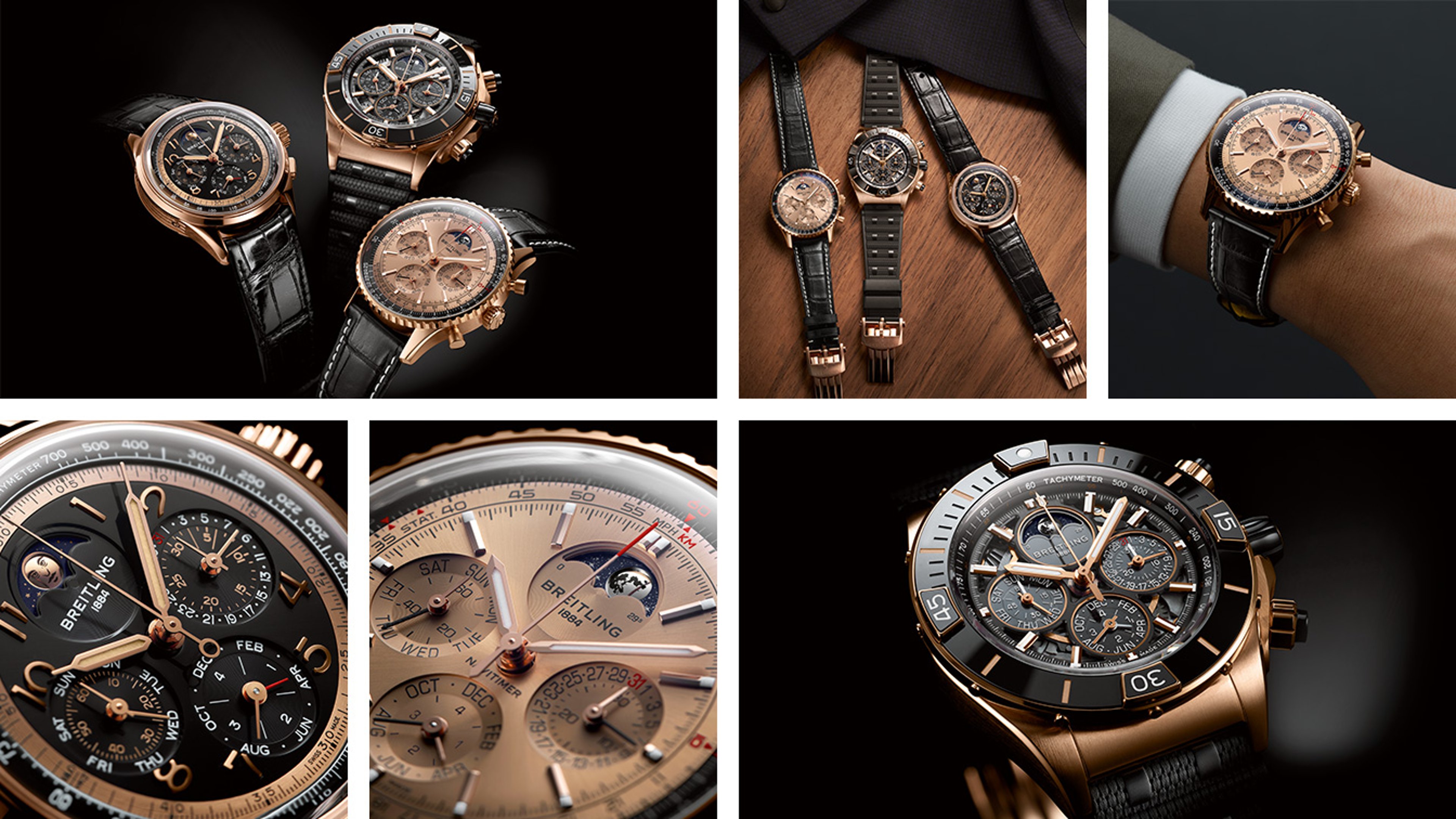 {generated} Mosaic showcasing Breitling watches in various close-up angles, highlighting gold cases, intricate dials, and refined straps.