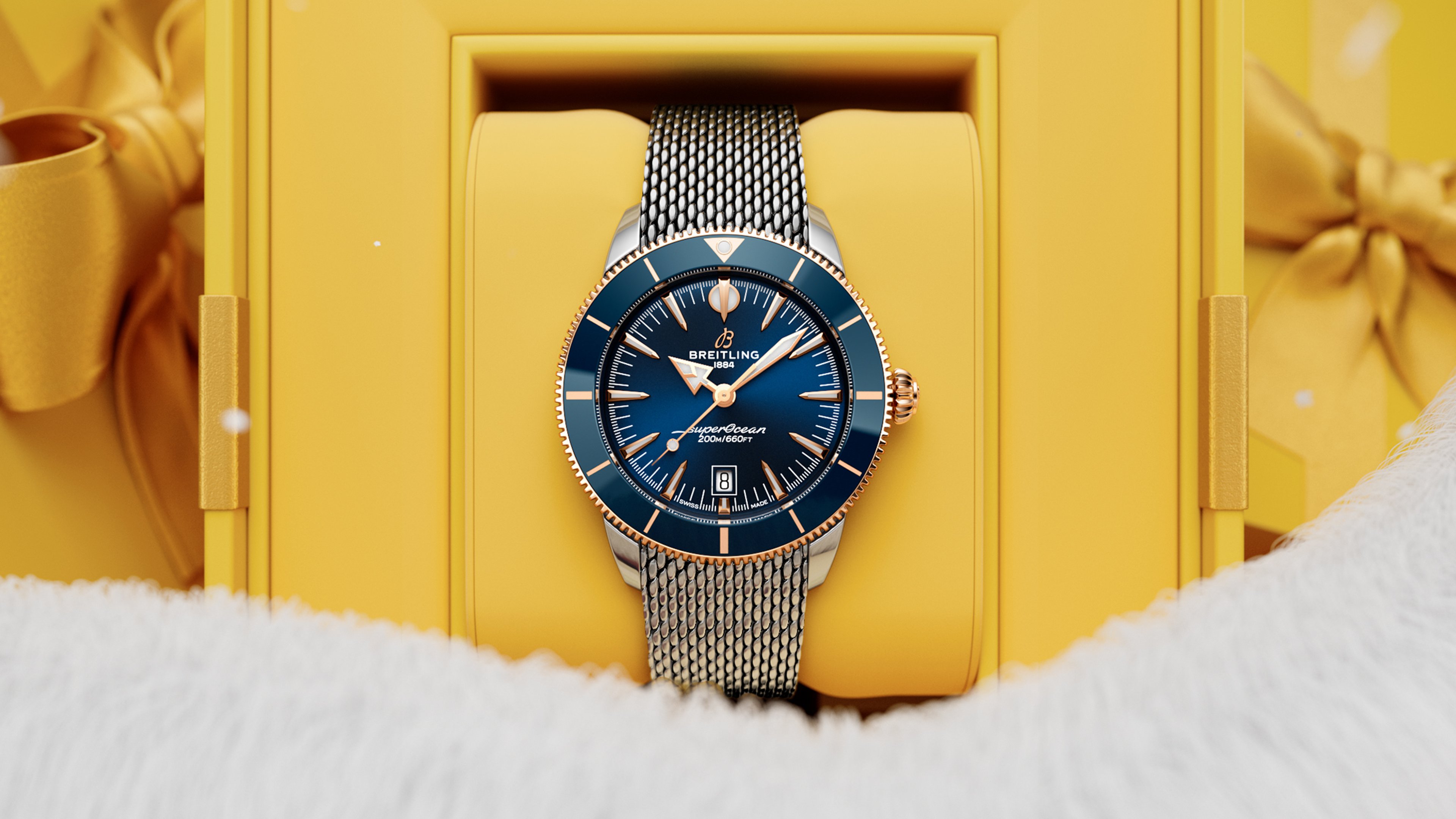{generated} Breitling Superocean watch shown in a yellow festive gift box with blue dial and steel mesh bracelet surrounded by holiday decor