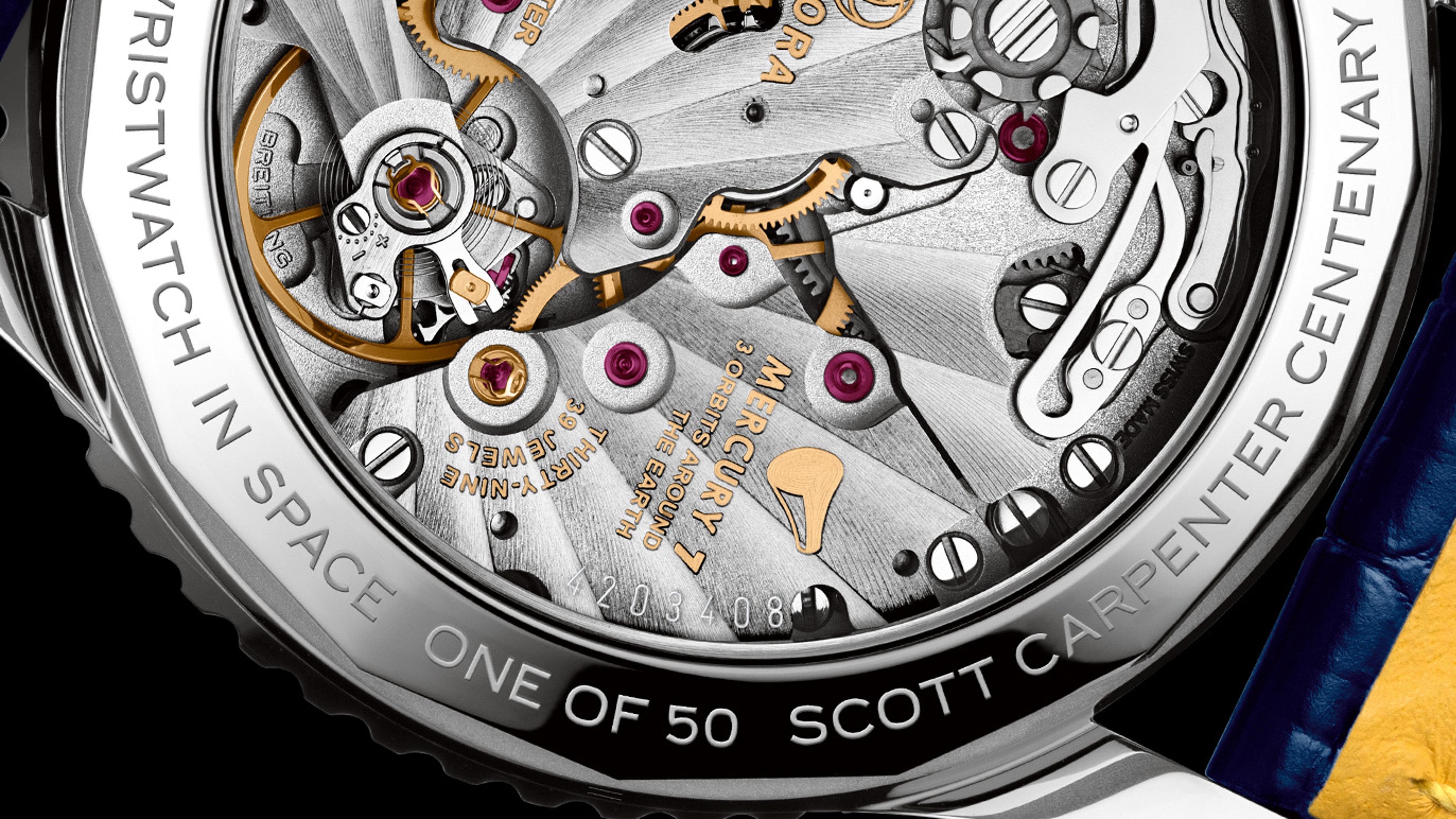 {generated} Detailed view of the Breitling Scott Carpenter Centenary watch movement with engraved Mercury mission tribute.