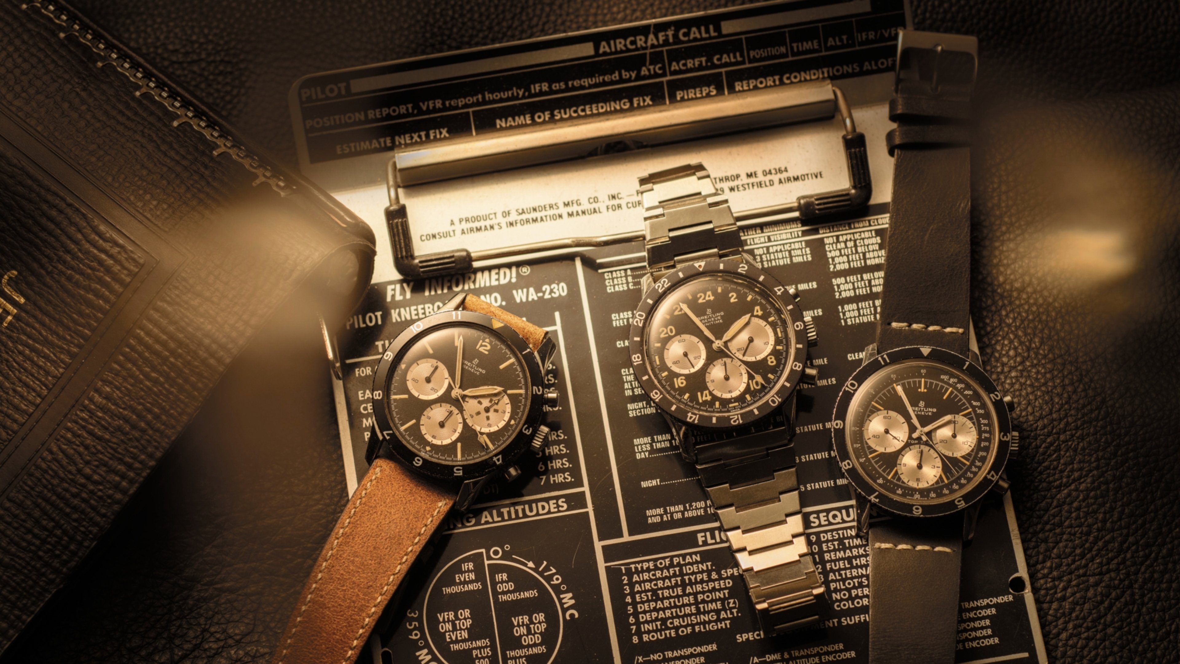 {generated} Three Breitling chronograph watches displayed on aviation charts, highlighting classic icons with leather and steel straps