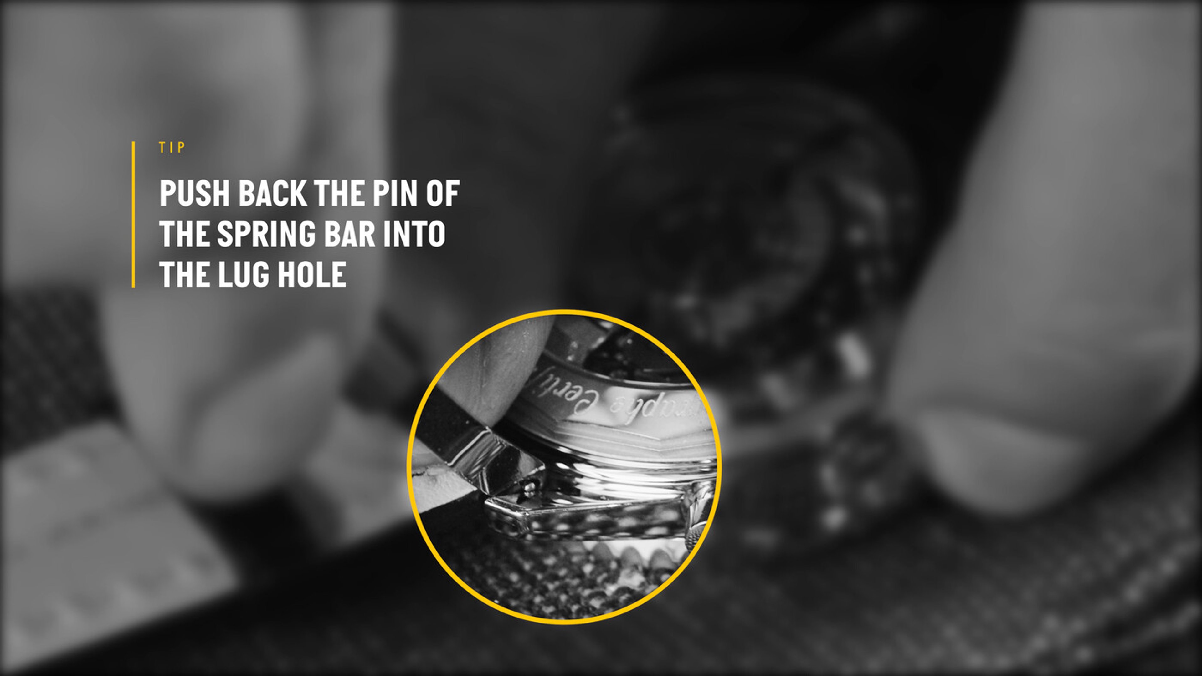 {generated} Close-up of hands guiding a Breitling watch spring bar pin into the lug hole, highlighting precise strap attachment technique.