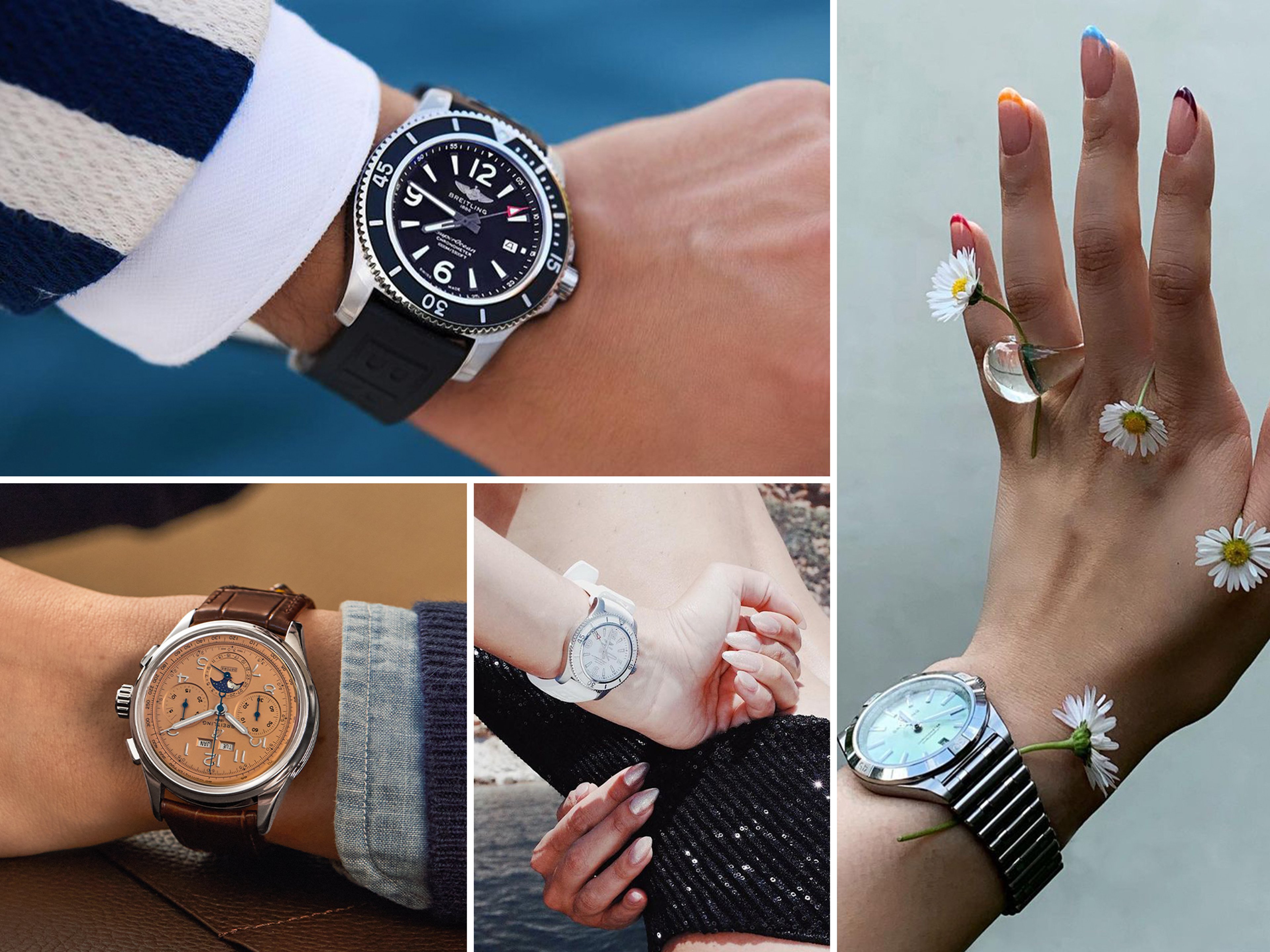 {generated} Collage mit Breitling Uhren in vielfältigen Momenten, die dynamische Handgelenksaufnahmen mit einer blumenverzierten Hand verbindet.