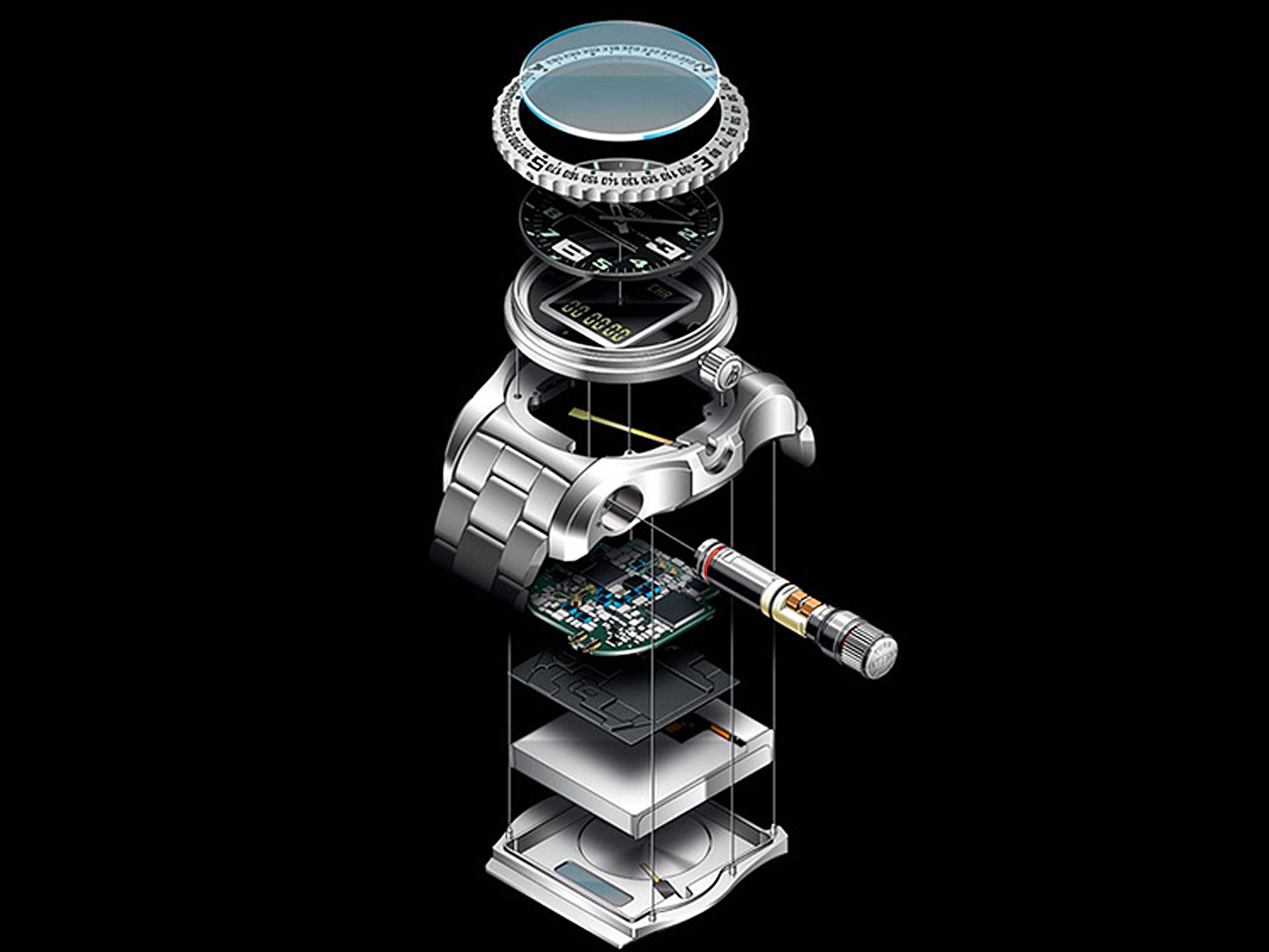 {generated} Exploded view of Breitling Emergency showing layered case, bezel, digital module and internal transmitter engineering.