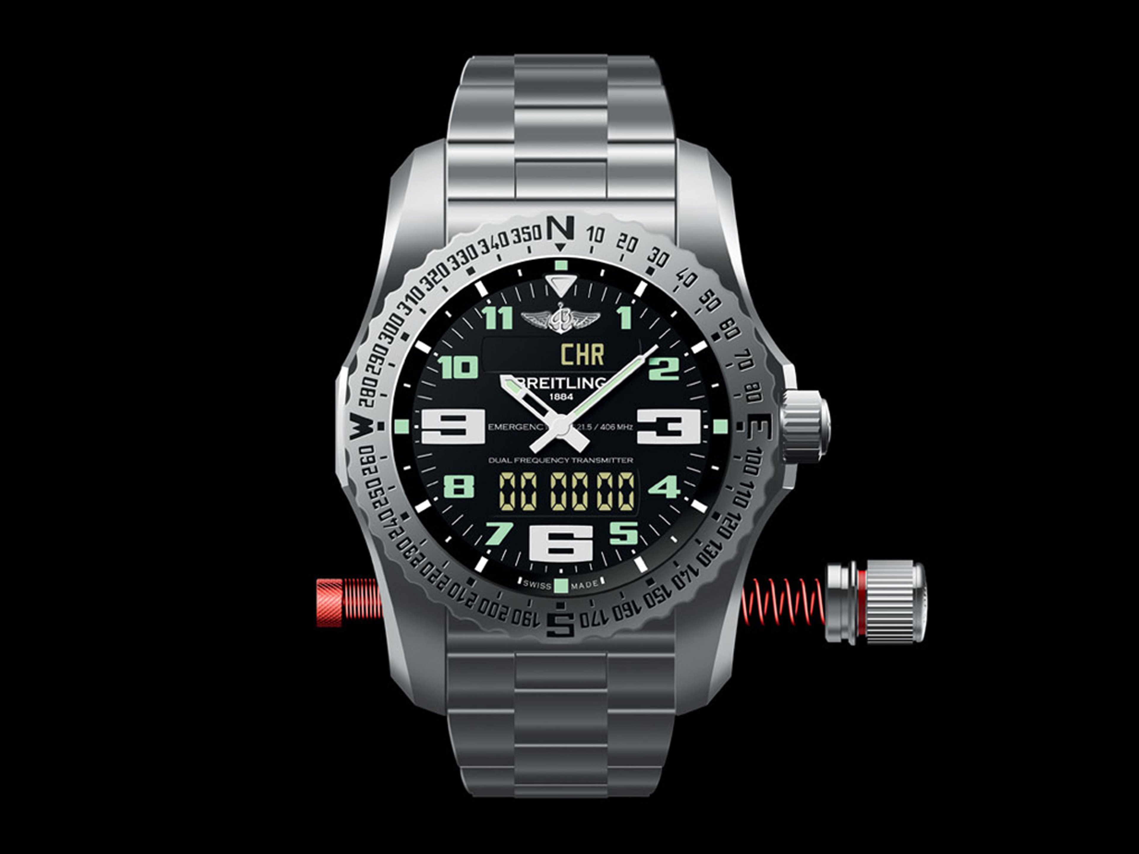 {generated} Breitling Emergency watch shown with steel bracelet, luminescent dial and deployed dual-frequency antenna components