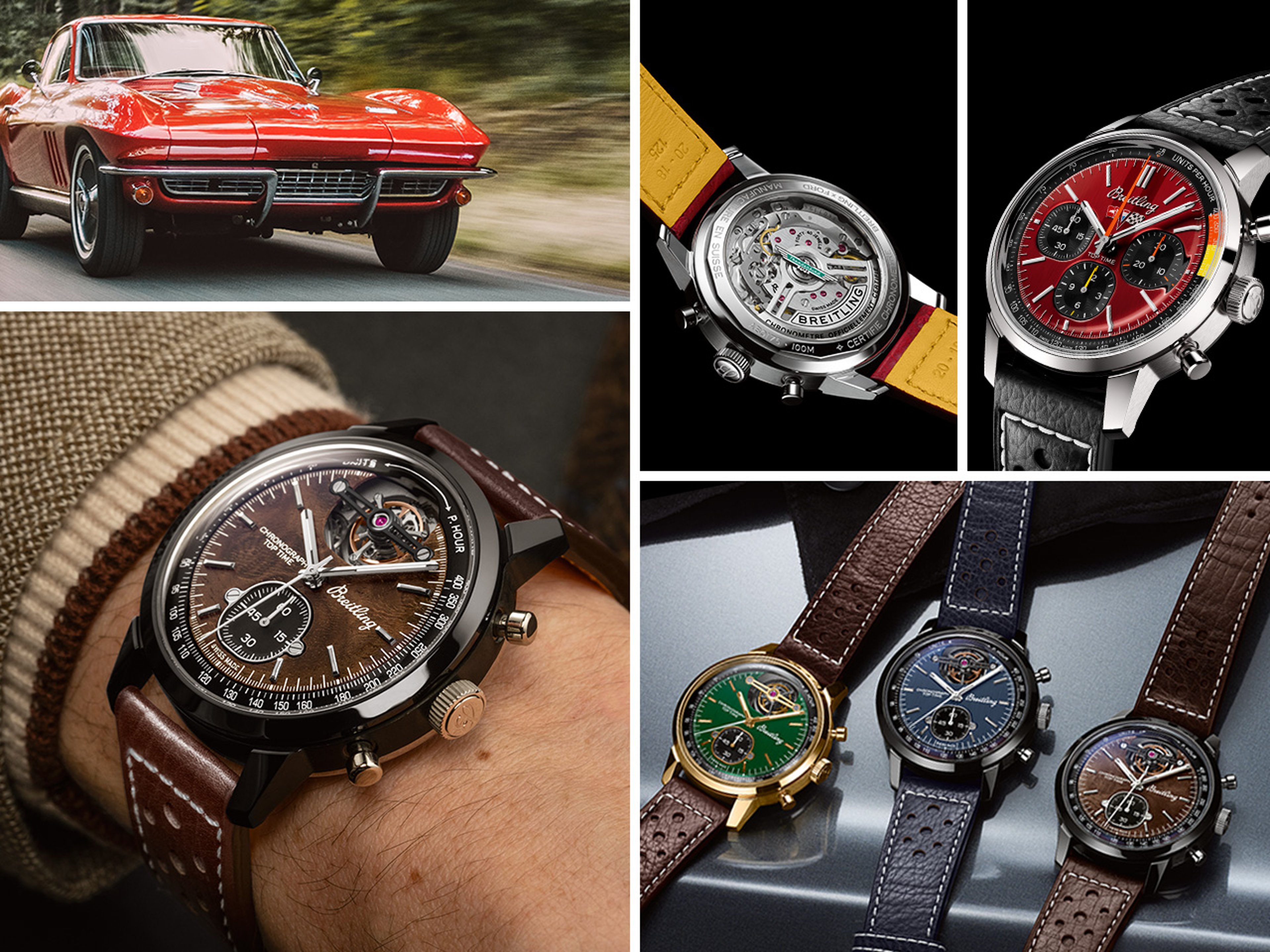 {generated} Mosaic showing Breitling Top Time Cars watches with colourful dials and leather straps beside a classic red sports car.