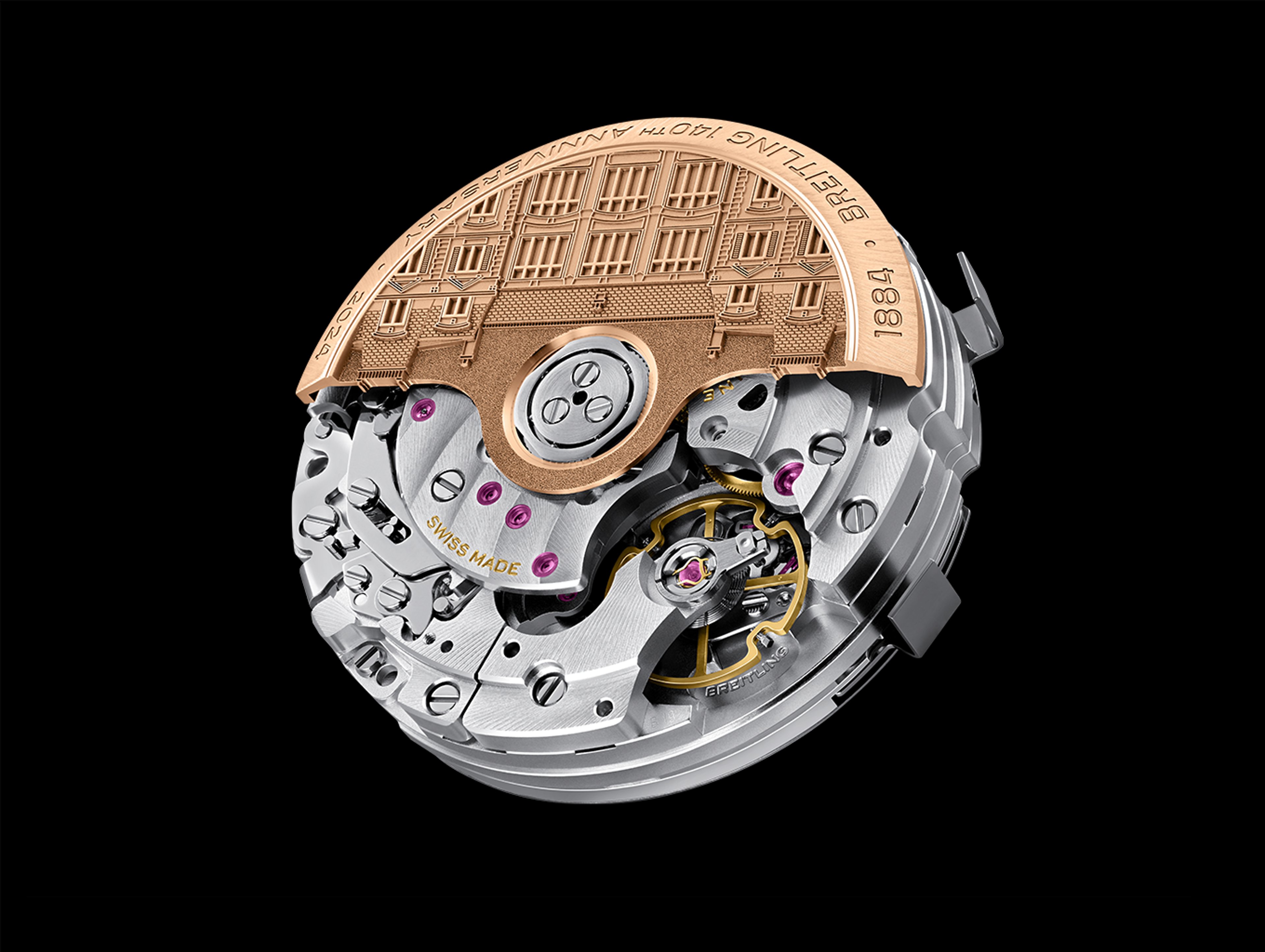 {generated} Breitling Caliber B19機芯特寫，展現金色自動陀、可見紅寶石軸承與精密機械細節