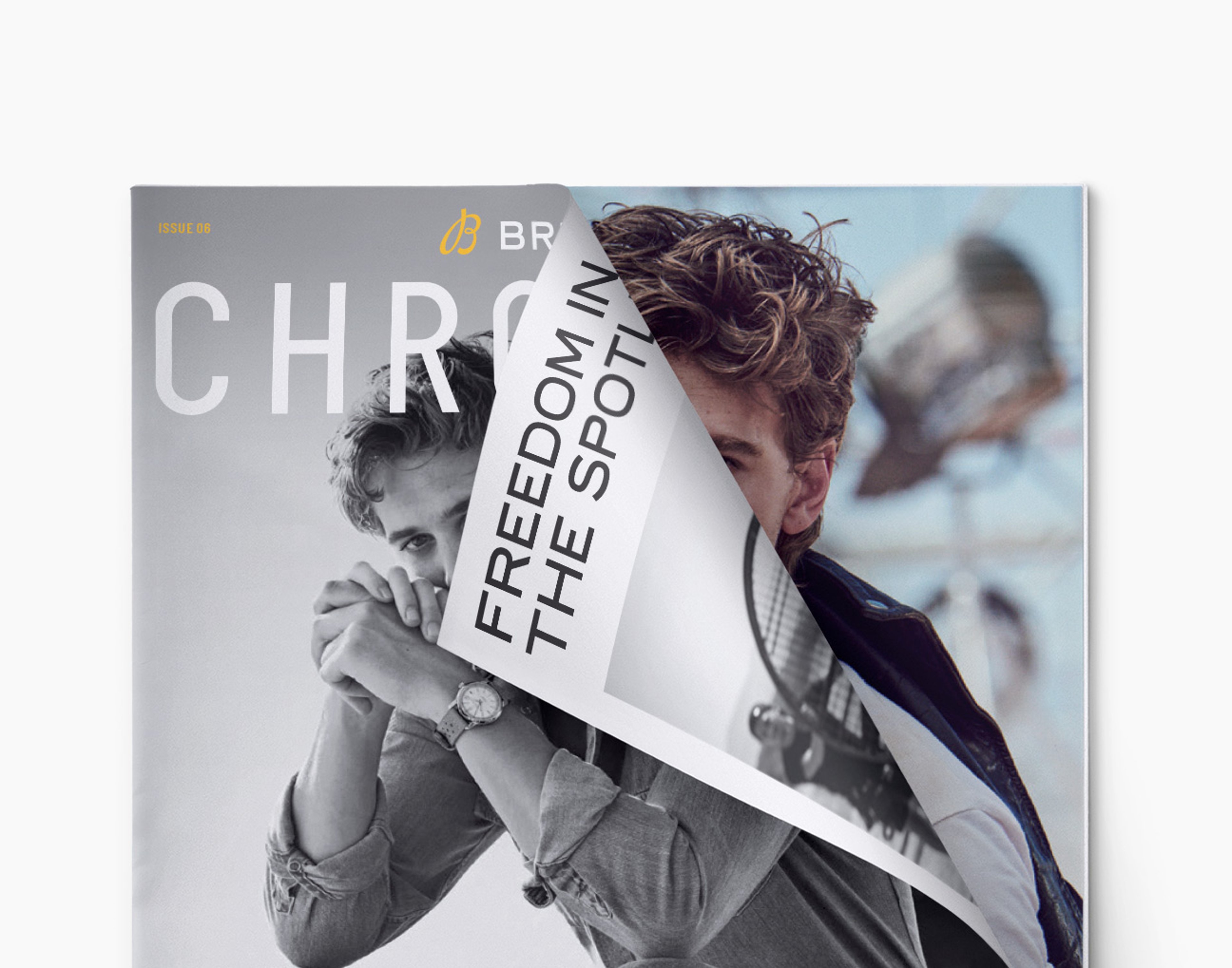 {generated} Austin shown on set in a layered magazine layout, wearing a Breitling watch with the Breitling branding visible.