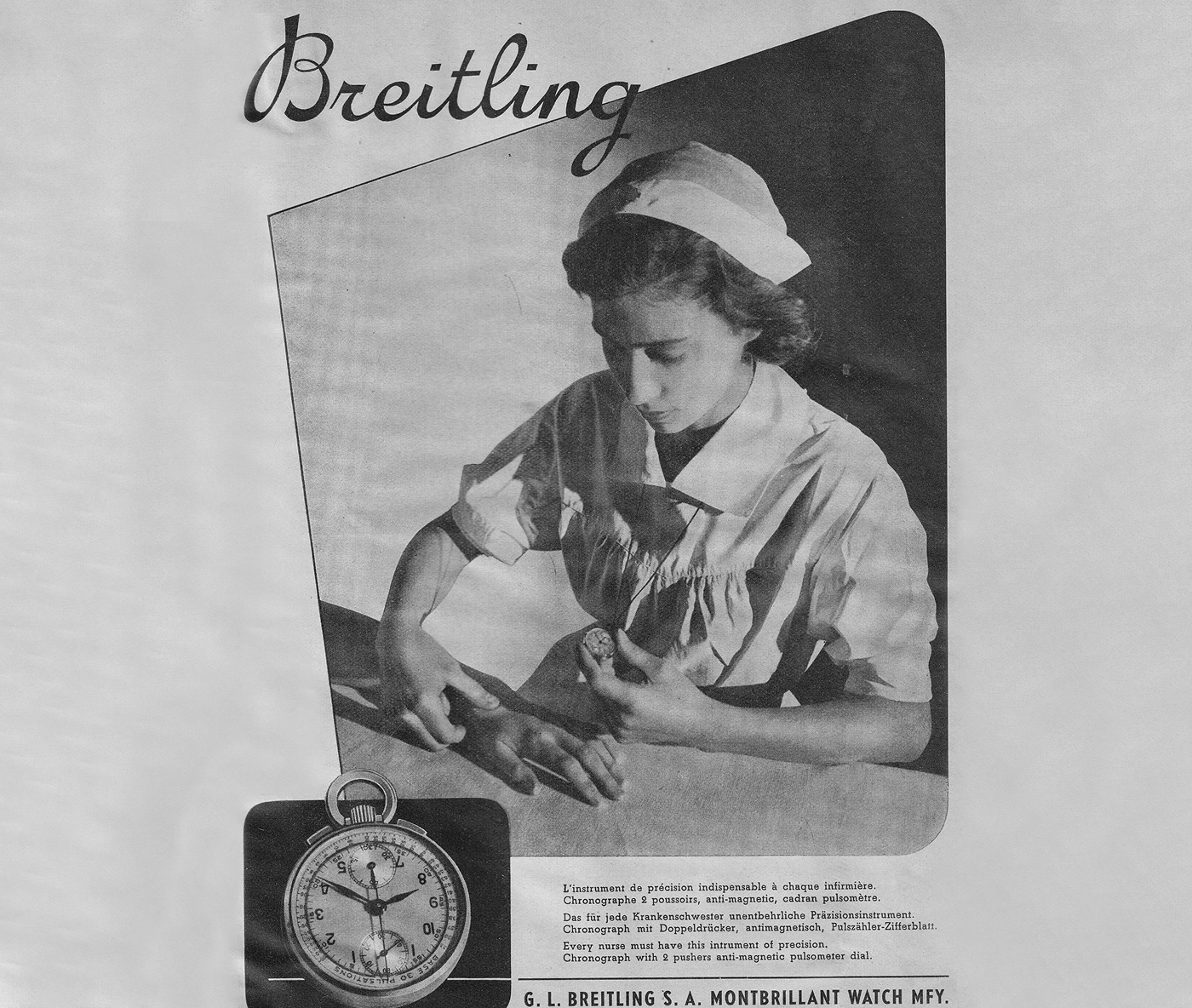 {generated} 復古場景中，護士操作醫療工具，旁邊的百年靈計時碼錶凸顯其精準特性。