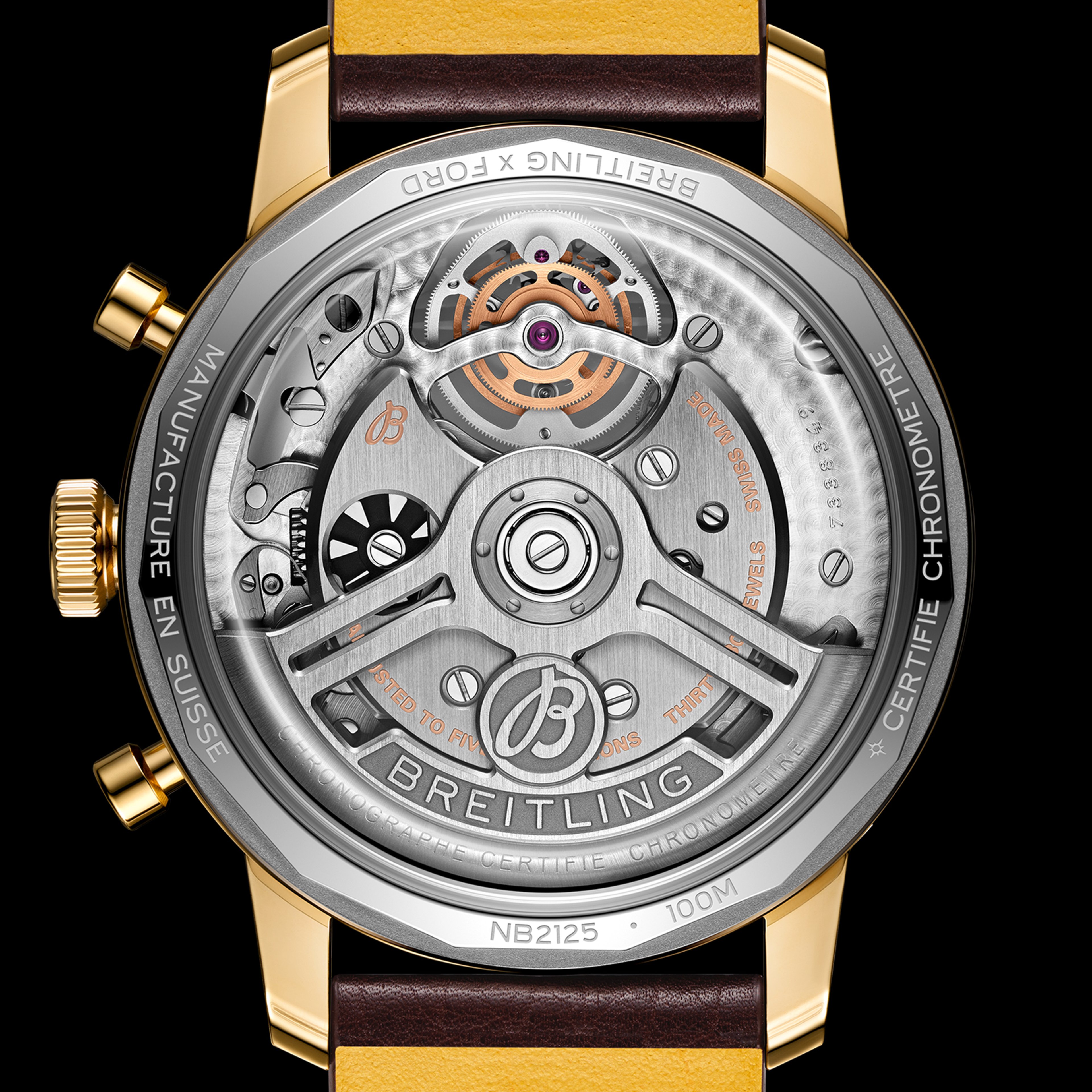 {generated} Breitling Caliber B21 automatic movement displayed through the transparent caseback, highlighting intricate mechanics