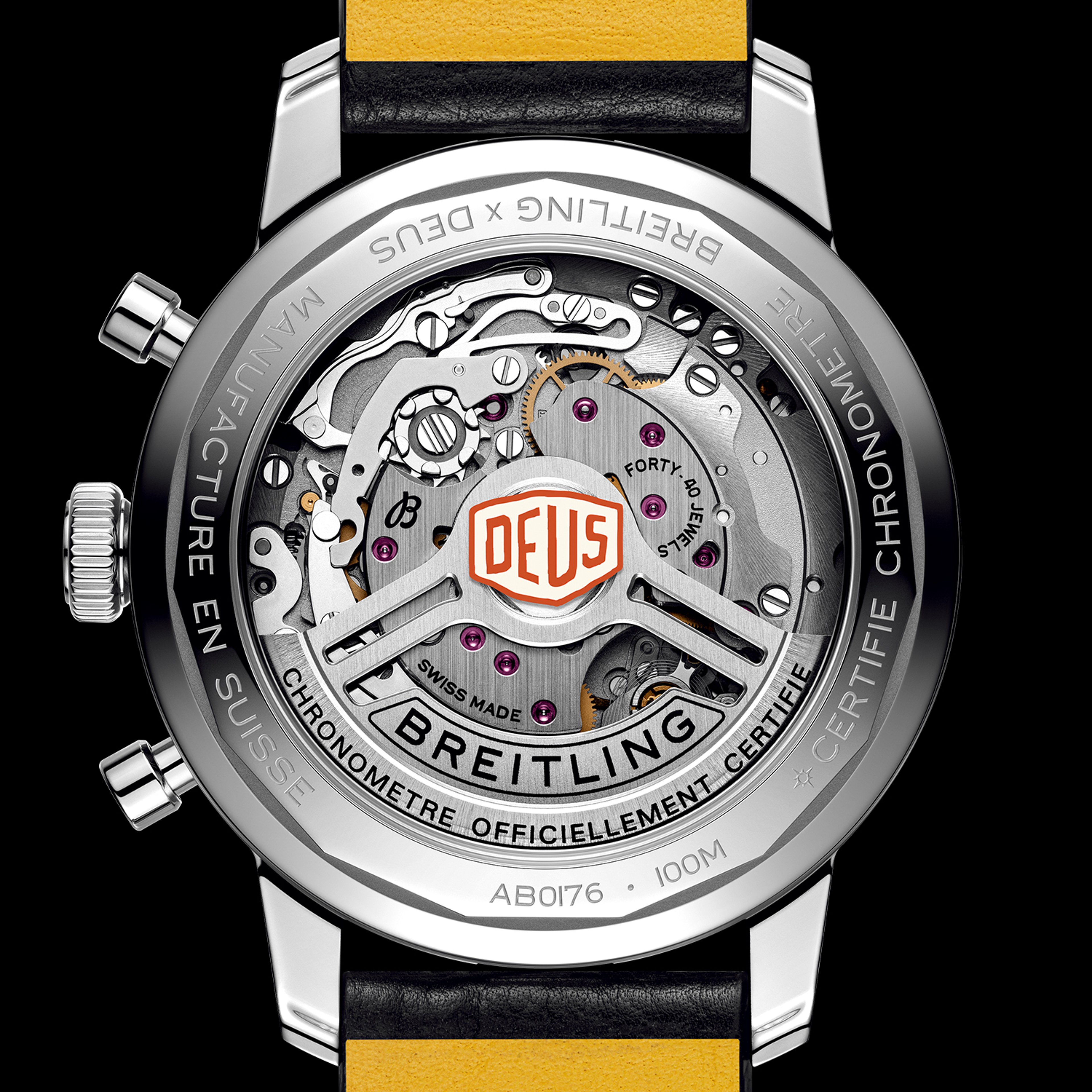 {generated} Detailed rear view of Breitling Calibre 01 showcasing its mechanical movement and Deus branding on the transparent caseback