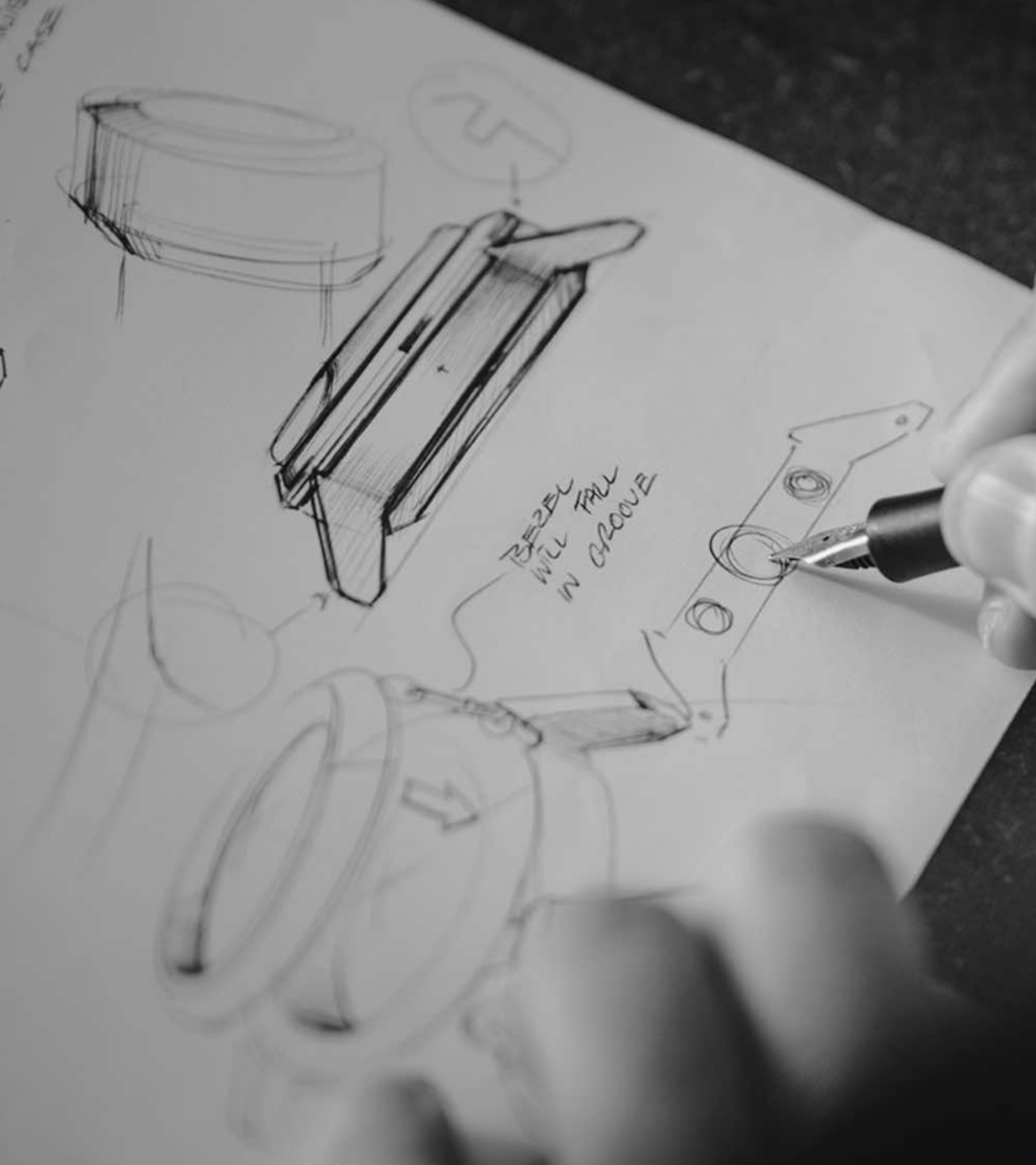 {generated} Hand drawing detailed Breitling watch component sketches, highlighting creative design work in the brand’s studio.