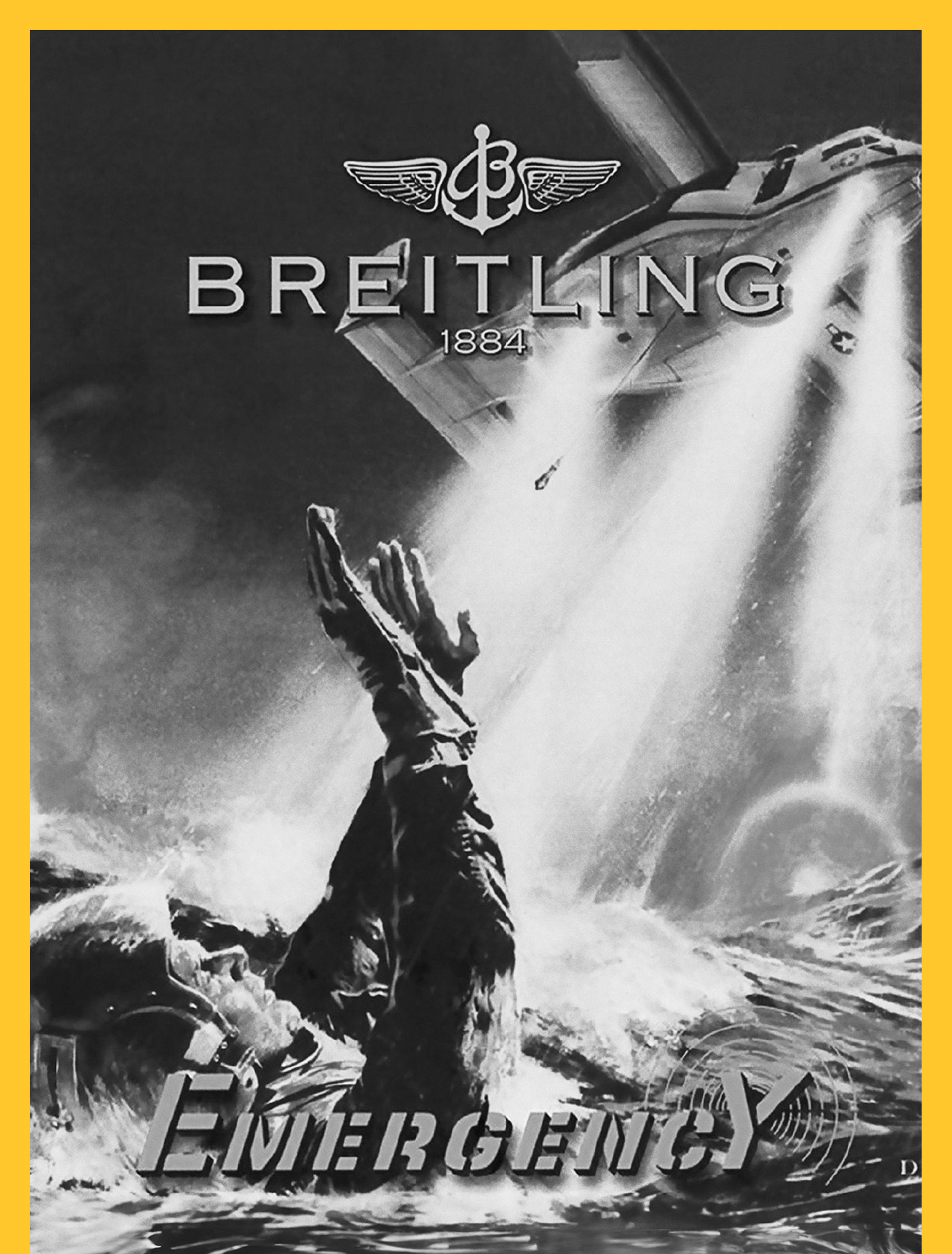 {generated} Dramatic sea rescue scene with a survivor reaching toward a helicopter, highlighted by Breitling Emergency branding.