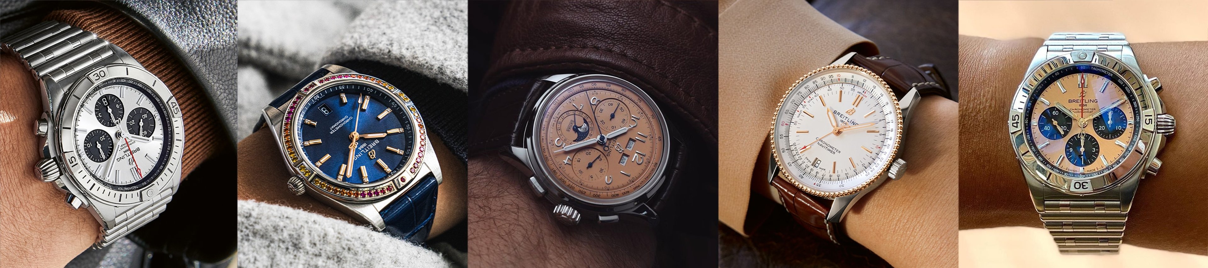 {generated} A series of wrists displaying diverse Breitling watches that emphasise bold dials, fine materials, and personal style.