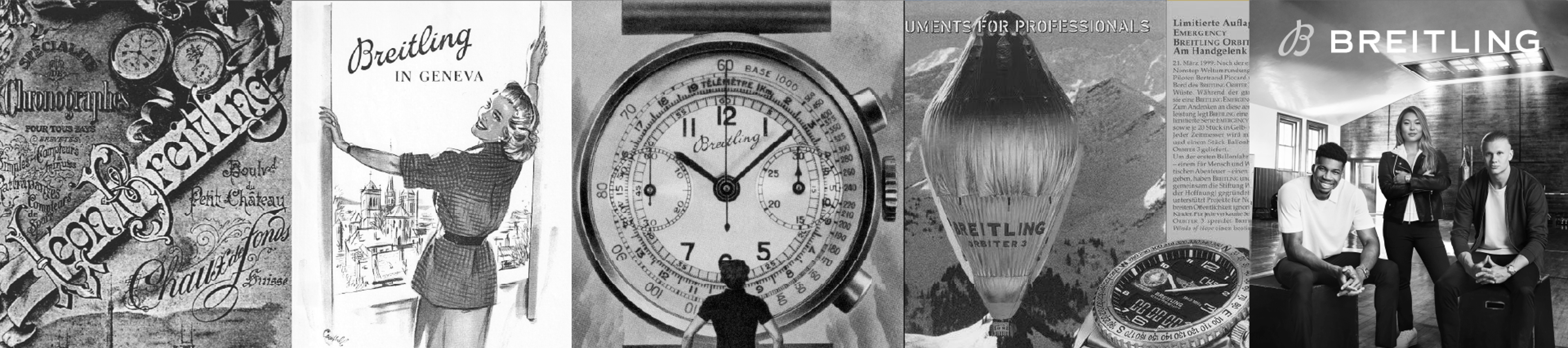 {generated} 歷史性Breitling畫面、復古廣告、腕錶與現代人物場景融合成展現品牌故事的拼接畫面。