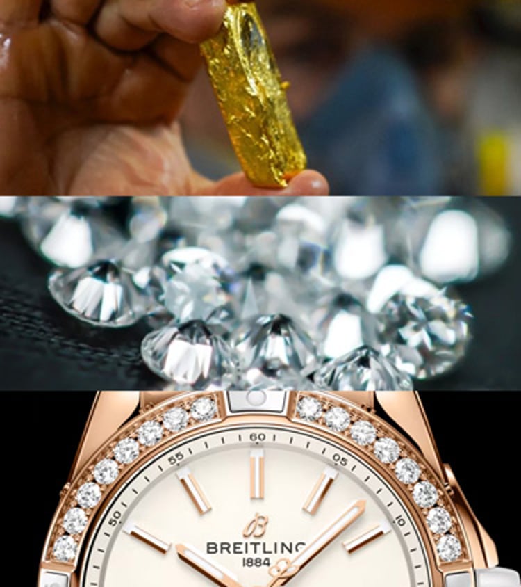 {generated} Ethically sourced gold and diamonds shown beside a Breitling Chronomat watch, highlighting the Origins Label story