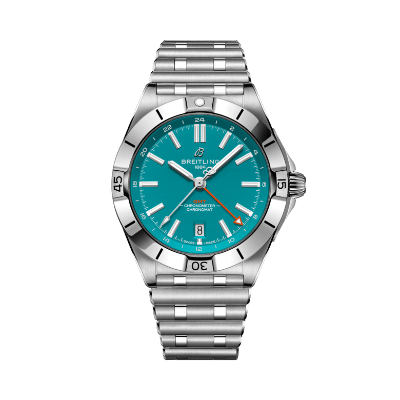Chronomat Automatic GMT 40 NFL Miami Dolphins Edition, reference A32398B11L1A1. Link to product details.