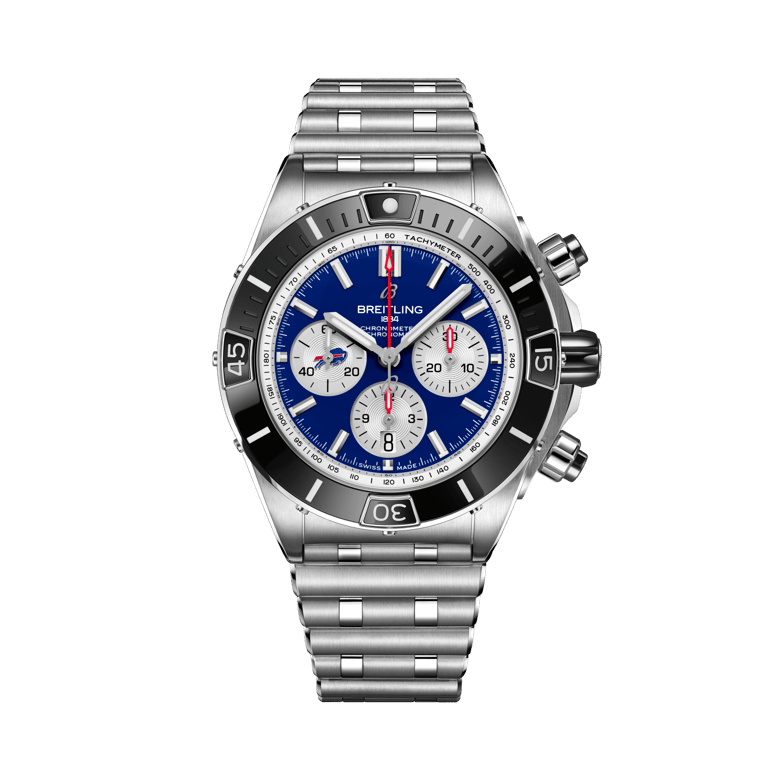 Super Chronomat B01 Chronograph 44 NFL Buffalo Bills Edition, reference AB01361C1C4A1. Link to product details.