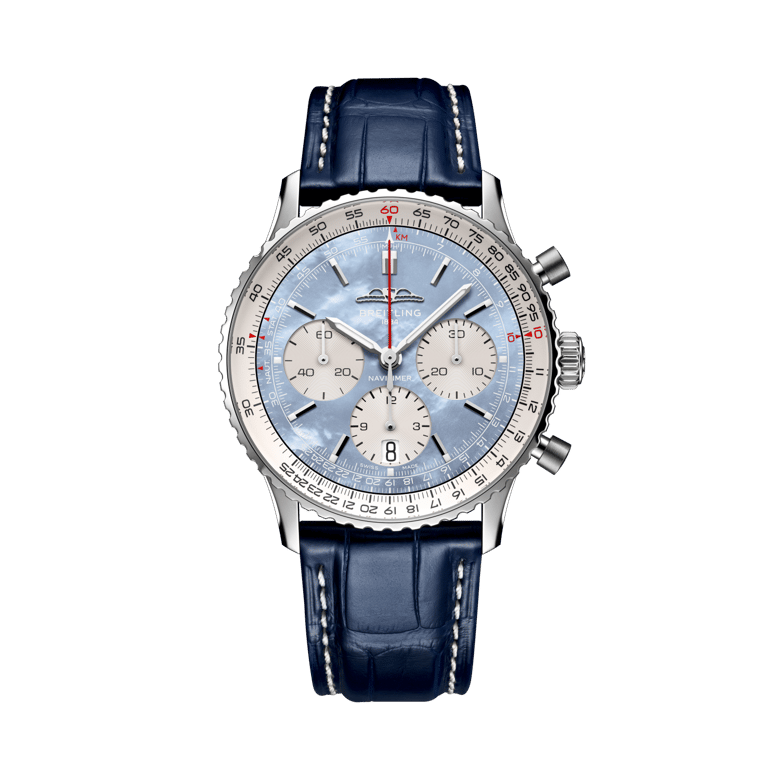 ナビタイマー B01 クロノグラフ 41 ジャパン エディション、リファレンス AB0139211C2P1。 商品詳細ページへのリンク。