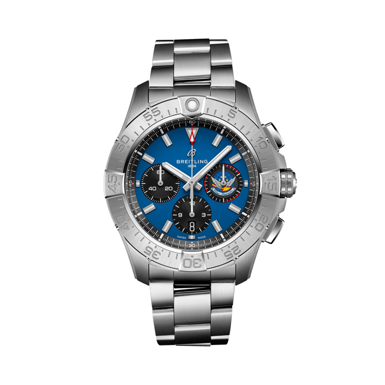 アベンジャー B01 クロノグラフ 44 ブルー インパルス、リファレンス AB01471A1C1A1。 商品詳細ページへのリンク。