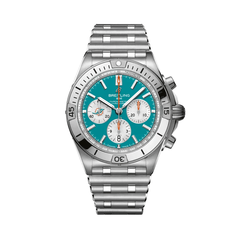 Chronomat B01 42 NFL Miami Dolphins Edition, reference AB01342B1L2A1. Link to product details.