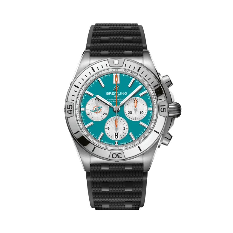 Chronomat B01 42 NFL Miami Dolphins Edition, reference AB01342B1L2S1. Link to product details.
