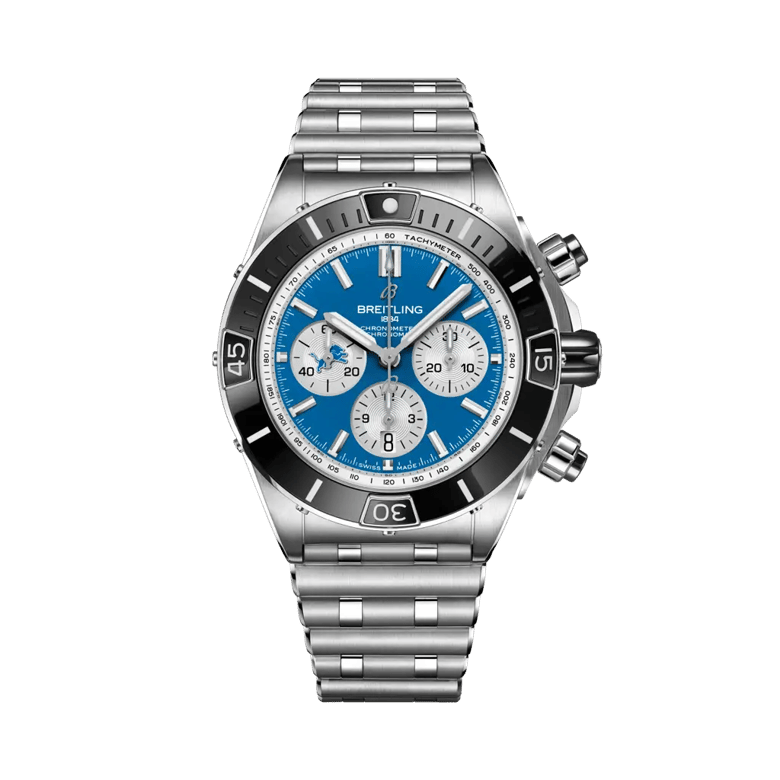 Super Chronomat B01 Chronograph 44 NFL Detroit Lions Edition, reference AB01361C1C2A1. Link to product details.