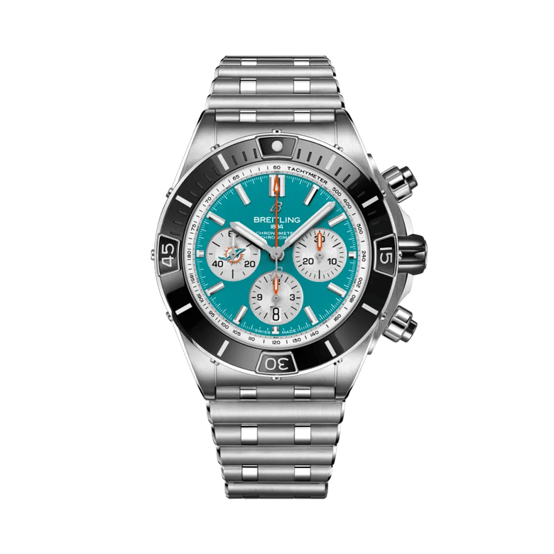Super Chronomat B01 Chronograph 44 NFL Miami Dolphins, reference AB01361C1L2A1. Link to product details.