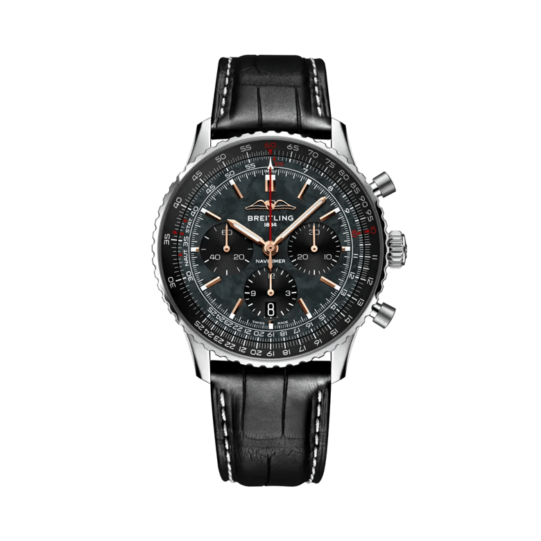 ナビタイマー B01 クロノグラフ 43 ジャパン エディション、リファレンス AB01381G1B1P1。 商品詳細ページへのリンク。