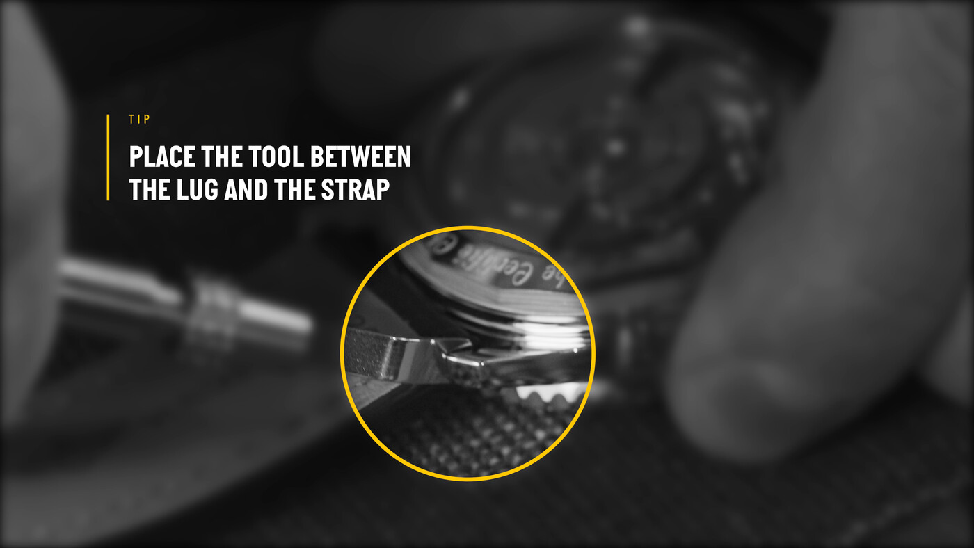 Posicione a ferramenta de barra de mola entre a bracelete/pulseira e a asa