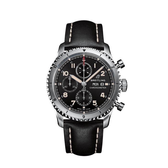 Aviator 8 Chronograph 43, Stainless steel - Black
The Aviator 8 Chronograph 43 offers 30-minute and 12-hour counters at 12 and 6 o’clock, respectively, along with a small seconds hand at 9 o’clock.