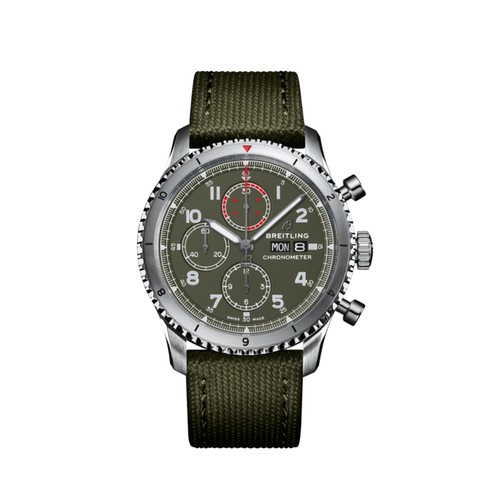 Aviator 8 Chronograph 43 Curtiss Warhawk, Stainless steel - Green
The Aviator 8 Chronograph 43 Curtiss Warhawk features a military green dial with a matte finish and tone-on-tone subdials.
