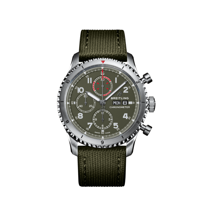 Aviator 8 Chronograph 43 Curtiss Warhawk, Acero inoxidable - Verde
El Aviator 8 Chronograph 43 Curtiss Warhawk cuenta con esfera en tono verde oliva con esferas internas en tonalidades del mismo color con acabado mate.