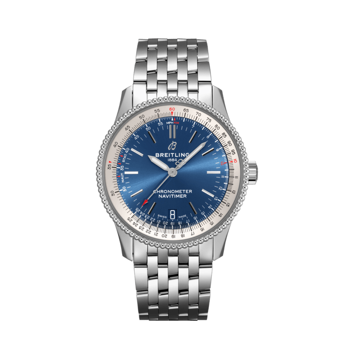 Navitimer Automatic 38, Edelstahl - Blau
Die Navitimer Automatic 38 kombiniert raffiniert und elegant das historische Flair einer wahren Legende mit der Finesse eines modernen Zeitmessers.