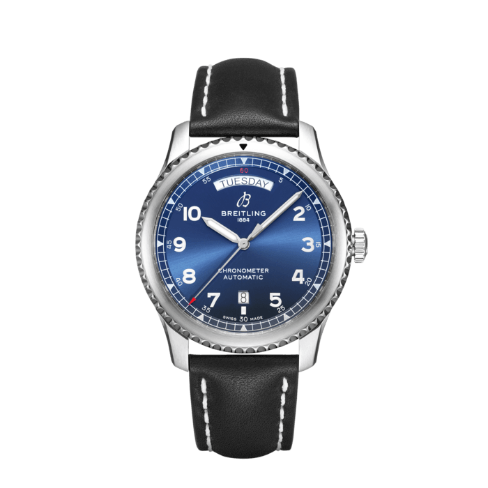 Aviator 8 Automatic Day & Date 41, Stainless steel - Blue
The Aviator 8 Day & Date 41 prominently displays the day of the week and the date along with the time.