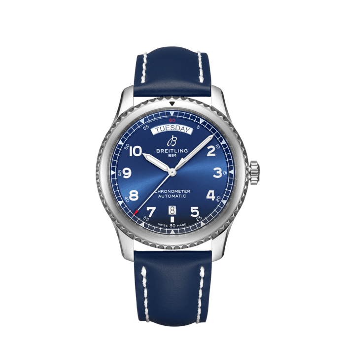 Aviator 8 Automatic Day & Date 41, Stainless steel - Blue
The Aviator 8 Day & Date 41 prominently displays the day of the week and the date along with the time.