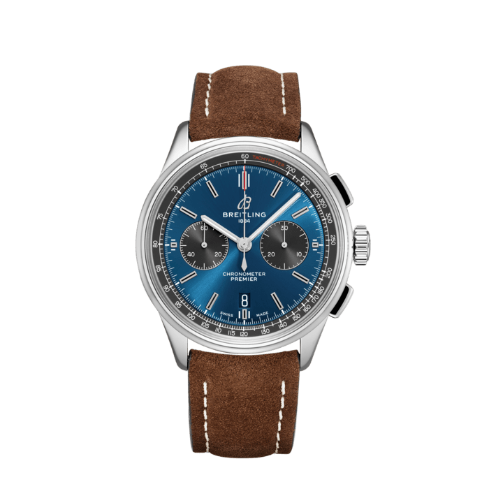 Premier B01 Chronograph 42, Stainless steel - Blue
This elegant Premier chronograph features a 42 mm stainless steel case presented on a stylish brown nubuck leather strap.