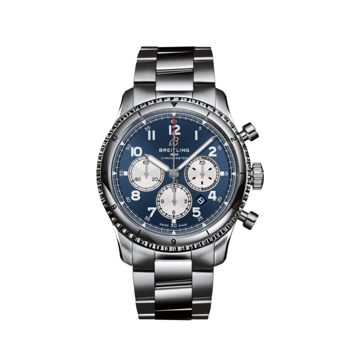Aviator 8 B01 Chronograph 43, Stainless steel - Blue
The Aviator 8 B01 Chronograph 43 is powered by the in-house Breitling Manufacture Caliber 01.