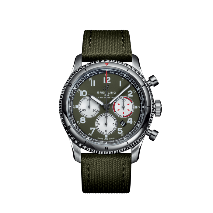 Aviator 8 B01 Chronograph 43 Curtiss Warhawk, Stainless steel - Green
The Aviator 8 B01 Chronograph 43 Curtiss Warhawk is ready for action with its matte finish military green dial, military green strap and contrasting silver subdials.