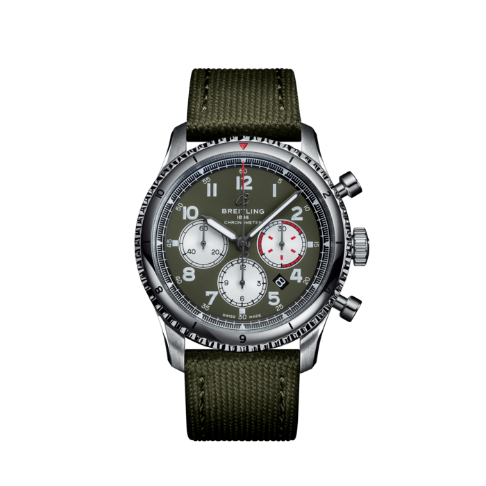 Aviator 8 B01 Chronograph 43 Curtiss Warhawk, Acier inoxydable - Vert
L’Aviator 8 B01 Chronograph 43 Curtiss Warhawk est prête à passer à l’action avec son cadran vert kaki mat, son bracelet vert kaki assorti et ses sous-cadrans contrastés argent.