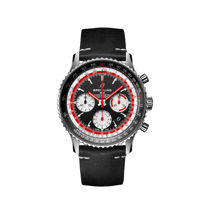 Navitimer B01 Chronograph 43 Swissair, Stainless steel - Black
The Navitimer B01 Chronograph 43 Swissair Edition features a transparent sapphire caseback with a printed Swissair logo. The Airline capsule collection will be available from April 2019 at Breitling boutiques and official retailers.