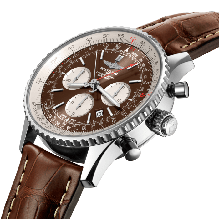 Available in steel or red gold versions, with an exclusive bronze-coloured dial, this Navitimer is powered by Manufacture Breitling Caliber B03 with split-seconds chronograph – one of the most sophisticated horological complications. Two patents have been filed for this innovatively built Breitling ‘engine’. The pushpiece housed in the 3 o’clock crown serves to stop and restart the split-seconds hand as many times as desired during a timing operation so as to measure intermediate (split) times. The ultimate mechanical chronograph in a legendary watch.