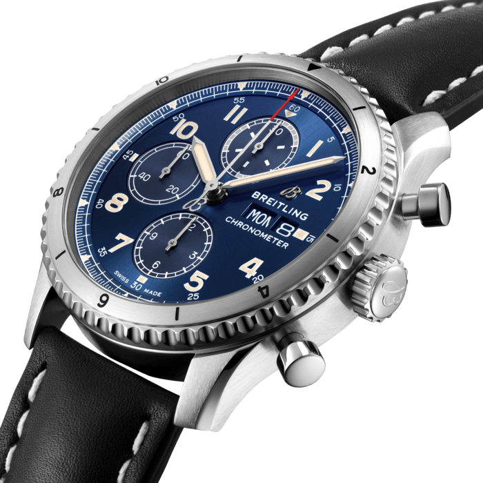 The Aviator 8 Chronograph 43 offers 30-minute and 12-hour counters at 12 and 6 o’clock, respectively, along with a small seconds hand at 9 o’clock. It is accurate to a quarter of a second. The COSC-certified Breitling Caliber 13 chronometer caliber is at the heart of this watch. It is wound automatically with the use of a unilateral ball-bearing rotor, delivering an autonomous running time of more than 42 hours. With a solid screwed caseback, the 43 mm case of the Aviator 8 Chronograph 43 is available in steel with a leather strap or steel bracelet, or in DLC-coated steel paired with a leather strap.